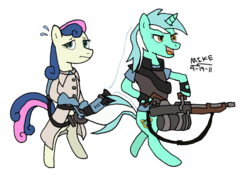 Size: 800x599 | Tagged: safe, artist:mikefox2400, bon bon, lyra heartstrings, sweetie drops, earth pony, pony, unicorn, g4, bipedal, female, heavy (tf2), mare, medic, medic (tf2), simple background, team fortress 2, transparent background