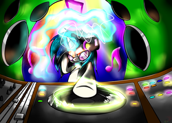 Size: 2509x1793 | Tagged: safe, artist:turrkoise, dj pon-3, vinyl scratch, g4, glowing, turntable