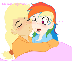 Size: 1660x1407 | Tagged: safe, artist:claireannecarr, applejack, rainbow dash, human, g4, female, humanized, imminent kissing, kissing, lesbian, ship:appledash, shipping