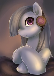 Size: 700x990 | Tagged: safe, artist:bakki, marble pie, earth pony, pony, g4, female, gradient background, headset, looking at you, lying, smiling, solo