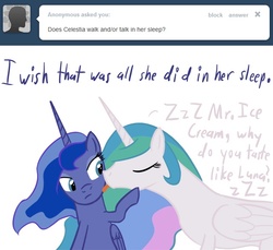 Size: 640x587 | Tagged: safe, artist:tootootaloo, princess celestia, princess luna, ask princess luna, g4, ask, licking, out of context, sleepwalking, tongue out, tumblr