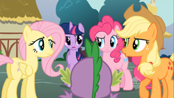 Size: 500x281 | Tagged: safe, screencap, applejack, fluttershy, pinkie pie, spike, twilight sparkle, g4, butt, plot