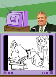 Size: 563x770 | Tagged: safe, artist:sweethd, twilight sparkle, human, anthro, plantigrade anthro, g4, barefoot, book, clothes, exploitable meme, feet, irl, jeans, meme, pants, photo, rex ryan, tv meme