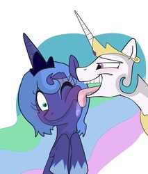 Size: 600x705 | Tagged: safe, artist:klondike, princess celestia, princess luna, alicorn, pony, g4, bedroom eyes, blushing, drool, duo, face licking, female, frown, licking, non-consensual licking, open mouth, s1 luna, simple background, sisters, smiling, smirk, teasing, tongue out, trollestia, white background, wide eyes, wink