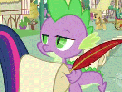 Size: 275x208 | Tagged: safe, screencap, spike, dragon, earth pony, pony, g4, lesson zero, season 2, animated, cropped, hub logo, male, offscreen character, quill, solo focus, unamused