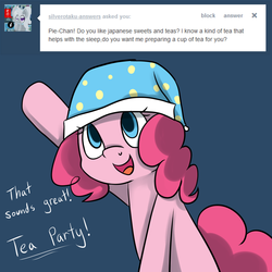 Size: 1000x1000 | Tagged: safe, artist:maplesunrise, pinkie pie, earth pony, pony, ask snuggle pie, g4, ask, cute, dialogue, diapinkes, female, hat, nightcap, no catchlights, solo, tumblr