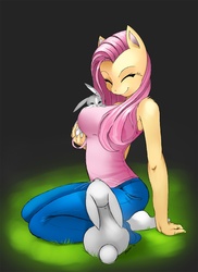 Size: 1148x1578 | Tagged: safe, artist:shnider, edit, fluttershy, rabbit, anthro, plantigrade anthro, g4, big breasts, breasts, busty fluttershy, clothes, female, fluffy, jeans, pants, shirt