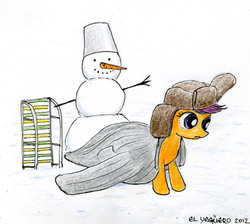 Size: 500x448 | Tagged: safe, artist:el-yeguero, scootaloo, pony, g4, female, filly, foal, hat, snowman, solo