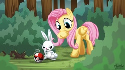 Size: 2560x1440 | Tagged: safe, artist:mysticalpha, angel bunny, fluttershy, g4, crossover, pokémon, wallpaper