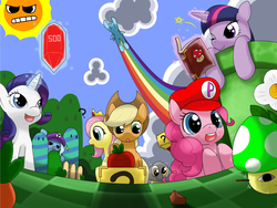 Size: 1400x1050 | Tagged: safe, artist:hoyeechun, applejack, derpy hooves, fluttershy, pinkie pie, rainbow dash, rarity, trixie, twilight sparkle, goomba, g4, book, cosplay, male, mario, nintendo, species swap, super mario bros., wink