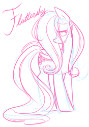 Size: 363x518 | Tagged: safe, artist:bechnokid, fluttershy, pegasus, pony, g4, blushing, female, folded wings, hair over one eye, lidded eyes, looking at you, mare, monochrome, name, simple background, sketch, smiling, solo, standing, stray strand, turned head, white background, wings