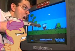 Size: 850x577 | Tagged: safe, scootaloo, human, pony, g4, angry, angry video game nerd, duck hunt, glasses, irl, irl human, nes accessories, photo, ponies in real life, scootaloo will show us games to play, vector