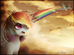 Size: 1900x1420 | Tagged: safe, artist:imalou, rainbow dash, pegasus, pony, g4, :d, clothes, cloud, cloudy, colored text, daydream, female, filly, filly rainbow dash, flying, foal, goggles, looking up, messy mane, open mouth, open smile, rainbow trail, smiling, solo, spread wings, sunset, text, uniform, wings, wonderbolts uniform, younger