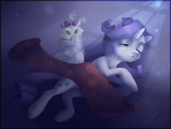 Size: 1600x1200 | Tagged: safe, artist:imalou, opalescence, rarity, cat, pony, unicorn, g4, fabric, sleeping