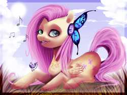 Size: 1024x768 | Tagged: safe, artist:imalou, fluttershy, bird, pegasus, pony, g4, day, female, folded wings, headphones, looking at you, lying down, mare, music notes, open mouth, outdoors, prone, singing, small wings, solo, wings