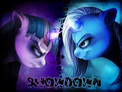 Size: 1600x1200 | Tagged: safe, artist:imalou, trixie, twilight sparkle, pony, unicorn, g4, duo, vs