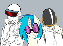 Size: 1240x900 | Tagged: safe, artist:butts-mcpoop, artist:kidkaizer, dj pon-3, vinyl scratch, pony, unicorn, g4, crossover, daft punk, gray background, partial color, simple background