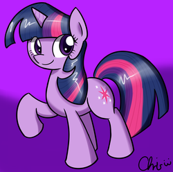 Size: 1749x1732 | Tagged: safe, artist:nekocrispy, twilight sparkle, pony, unicorn, g4, female, gradient background, mare, raised hoof, smiling, solo, unicorn twilight