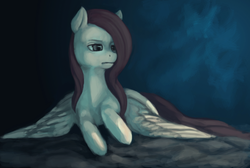 Size: 900x604 | Tagged: safe, artist:elkaart, fluttershy, pegasus, pony, g4, female, looking away, lying down, mare, prone, solo, spread wings, three quarter view, wings