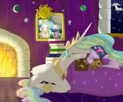 Size: 1500x1240 | Tagged: source needed, safe, artist:bri-sta, artist:php44, princess celestia, twilight sparkle, alicorn, pony, unicorn, g4, bed, book, doll, eyes closed, female, filly, fireplace, mare, momlestia, moon, night, on back, picture, plushie, prone, sleeping, smiling, stars