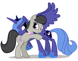 Size: 2800x2200 | Tagged: safe, artist:mixermike622, octavia melody, princess luna, alicorn, earth pony, pony, g4, bipedal, female, high res, hug, lunatavia, mare, s1 luna, shipping, simple background, spread wings, transparent background, vector, wings