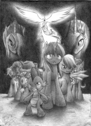 Size: 1648x2272 | Tagged: safe, artist:rouletteobsidian, applejack, fluttershy, pinkie pie, princess celestia, princess luna, rainbow dash, rarity, spike, twilight sparkle, g4, action poster, grayscale, monochrome, poster, traditional art