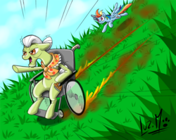 Size: 850x675 | Tagged: safe, artist:chocolatechilla, granny smith, rainbow dash, g4, flying, fuck the police, grass, spread wings, wheelchair, wings