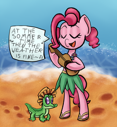 Size: 1603x1737 | Tagged: safe, artist:kas-the-cat, gummy, pinkie pie, g4, beach, clothes, grass skirt, hat, hula, in the summertime, leaf skirt, lei, mungo jerry, musical instrument, sandals, singing, skirt, song reference, ukulele