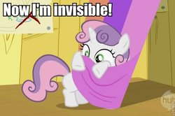 Size: 600x398 | Tagged: safe, edit, edited screencap, screencap, sweetie belle, pony, g4, the show stoppers, bipedal, caption, cropped, cute, diasweetes, female, hiding, hub logo, image macro, roflbot, solo