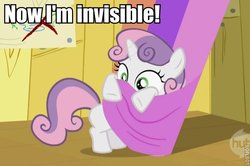 Size: 600x398 | Tagged: safe, edit, edited screencap, screencap, sweetie belle, pony, g4, my little pony: friendship is magic, the show stoppers, bipedal, caption, cropped, cute, diasweetes, female, hiding, hub logo, image macro, roflbot, solo