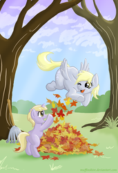 Size: 1200x1750 | Tagged: safe, artist:muffinshire, derpy hooves, dinky hooves, pegasus, pony, unicorn, g4, autumn, duo, equestria's best mother, happy, leaves, rake, smiling