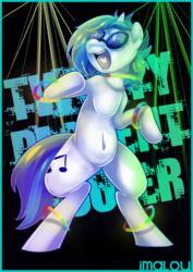 Size: 1024x1448 | Tagged: safe, artist:imalou, dj pon-3, vinyl scratch, pony, g4, belly button, bipedal, female, glowstick, solo