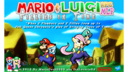 Size: 1920x1080 | Tagged: dead source, safe, artist:icelucario64, fluttershy, rainbow dash, g4, cover, crossover, filly, hasbro, luigi, male, mario, mario & luigi, mario & luigi: partners in time, nintendo, super mario bros.