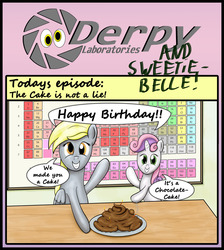 Size: 1200x1338 | Tagged: safe, artist:da-andi, derpy hooves, sweetie belle, pegasus, pony, g4, cake, candle, female, looking at you, mare, periodic table, smiling