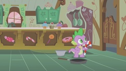 Size: 1280x720 | Tagged: safe, screencap, spike, bridle gossip, g4, my little pony: friendship is magic, season 1, candy cane, cupcake, kitchen, sugarcube corner