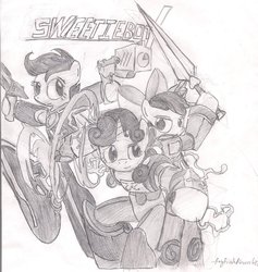 Size: 900x951 | Tagged: safe, artist:rayfriedh, apple bloom, scootaloo, sweetie belle, earth pony, anthro, g4, cutie mark crusaders, mega man (series), traditional art