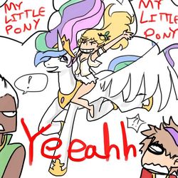 Size: 700x700 | Tagged: safe, princess celestia, alicorn, pony, g4, aran, crossover, evan, exclamation point, female, funny, interrobang, maplestory, mercedes, question mark, riding a pony