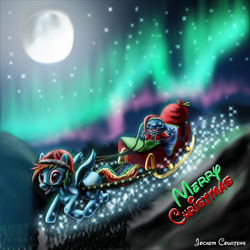 Size: 3002x3002 | Tagged: safe, artist:neoseekerstitch, rainbow dash, g4, aurora borealis, christmas, crossover, disney, hearth's warming eve, high res, lilo and stitch, sleigh, stitch