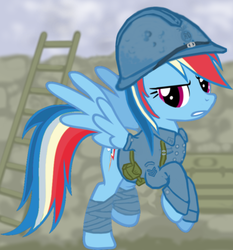 Size: 752x806 | Tagged: safe, artist:colorcopycenter, rainbow dash, g4, clothes, french, helmet, ladder, military, soldier, solo, trench, war, world war i