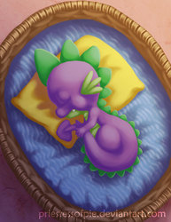 Size: 773x1000 | Tagged: safe, artist:priestessofpie, spike, dragon, g4, bed, male, pillow, sleeping, solo