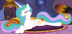 Size: 1280x614 | Tagged: safe, artist:lowgravity, princess celestia, pony, g4, female, fireplace, missing accessory, solo