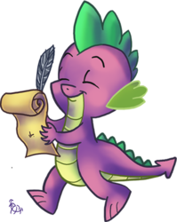 Size: 402x506 | Tagged: safe, artist:phantosanucca, spike, dragon, g4, eyes closed, male, paper, quill, simple background, solo, transparent background