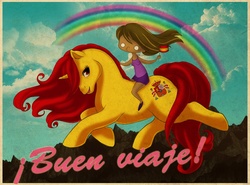 Size: 900x665 | Tagged: safe, artist:uppun, human, pony, unicorn, g3, 2009, female, human female, looking at you, rainbow, spanish