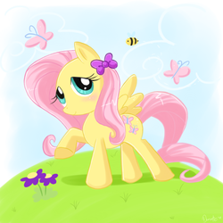Size: 800x800 | Tagged: safe, artist:domestic-hedgehog, fluttershy, bee, butterfly, pony, g4, bow, female, solo