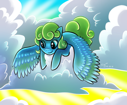 Size: 600x500 | Tagged: safe, artist:haunthid, oc, oc only, pegasus, pony, cloud, cloudy, looking down, lying down, lying on a cloud, on a cloud, sky, solo, sunlight