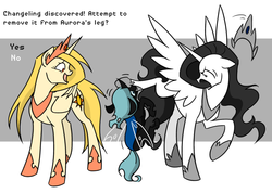 Size: 800x571 | Tagged: safe, artist:valkyrie-girl, oc, oc only, oc:ghost, oc:princess aurora, oc:princess corona, alicorn, changeling, pony, fanfic:the successors, abstract background, alicorn oc, changeling oc, fanfic, fanfic art, simple background