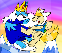 Size: 900x771 | Tagged: safe, artist:fuutachimaru, alicorn, earth pony, pony, adventure time, cartoon network, colt, fight, finn the human, ice king, male, ponified, rule 85, stallion