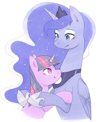 Size: 721x861 | Tagged: safe, artist:japananon, princess luna, twilight sparkle, alicorn, pony, unicorn, g4, duo, female, hug, lesbian, pixiv, ship:twiluna, shipping, simple background