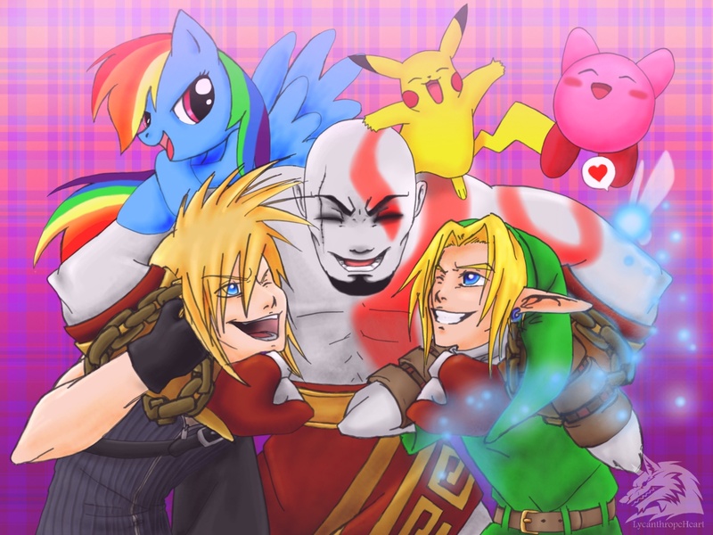 115895 - safe, artist:lycanthropeheart, rainbow dash, pikachu, puffball,  cloud strife, crossover, final fantasy, final fantasy vii, god of war,  happy, kirby, kirby (series), kratos, link, nintendo, smiling, the legend  of zelda - Derpibooru