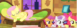 Size: 480x179 | Tagged: safe, edit, edited screencap, screencap, apple bloom, fluttershy, scootaloo, sweetie belle, earth pony, pegasus, pony, unicorn, g4, stare master, animated, cutie mark crusaders, eyes closed, female, filly, loop, mare, sleeping, tongue out